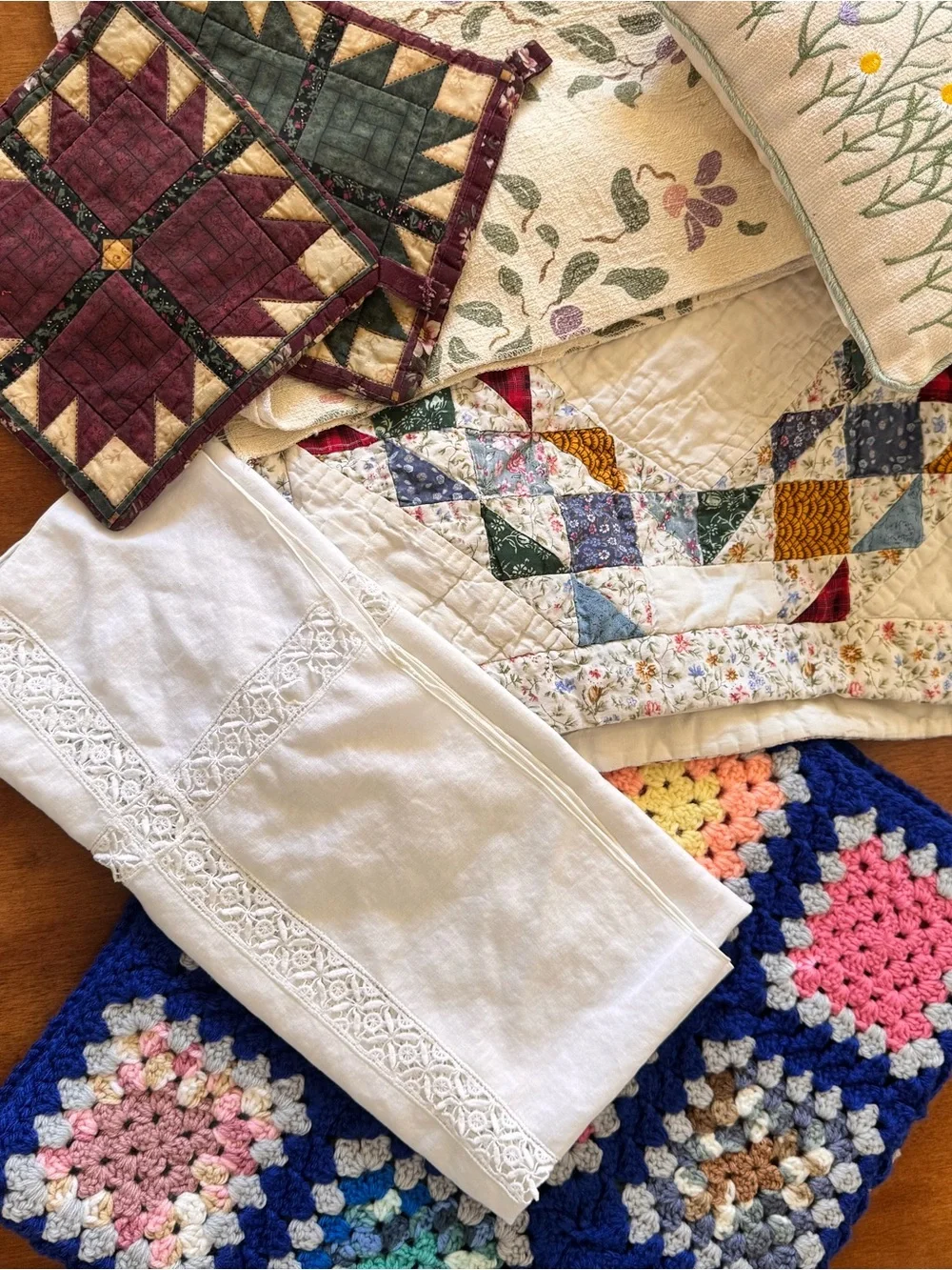 VTG Textile Lot 7 Quilt Crochet Embroidery Table Linens Cottagecore Granny Chic